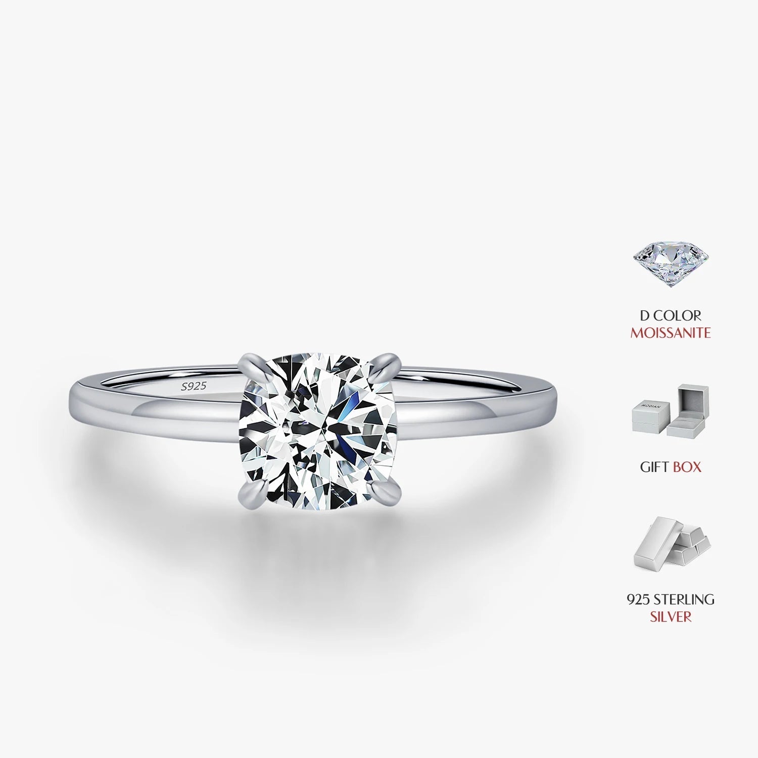 Close view of moissanite ring with cushion cut diamond facets