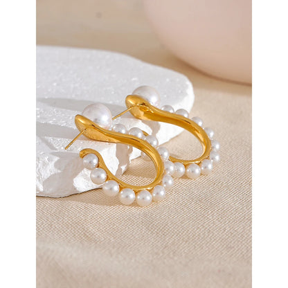 Elegant Imitation Pearl Huggie Earrings in Gold