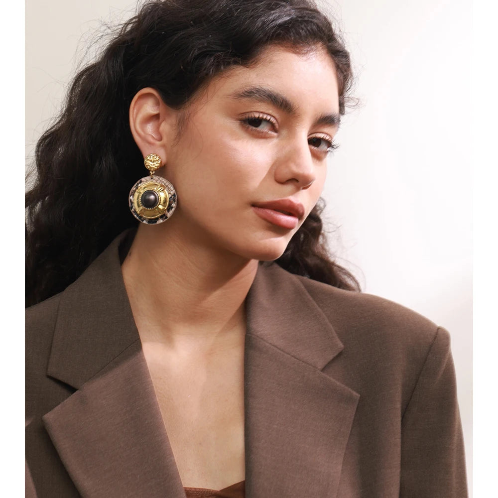 Stainless steel earrings with black enamel and gold finish