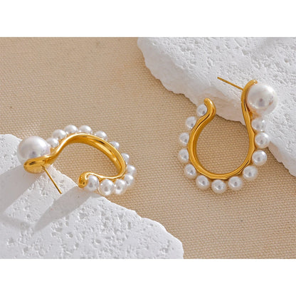 Elegant Imitation Pearl Huggie Earrings in Gold