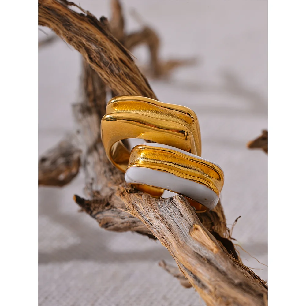 Waterproof White Enamel Geometric Layered Ring