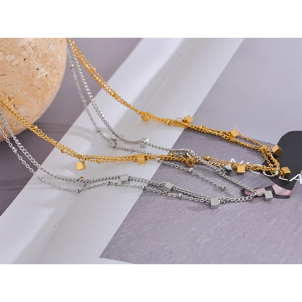 Stainless Steel Double Layer Square Drop Necklace