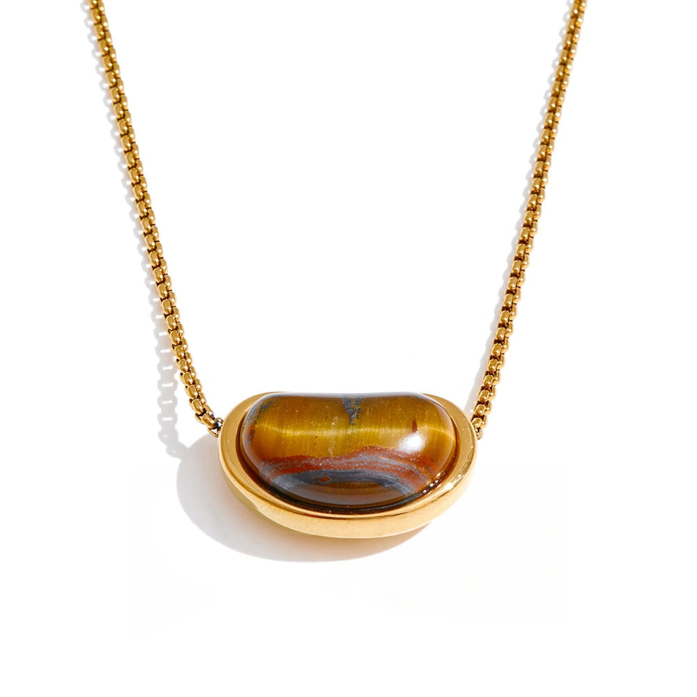 Tiger stone oval pendant necklace with polished gold plated shine
