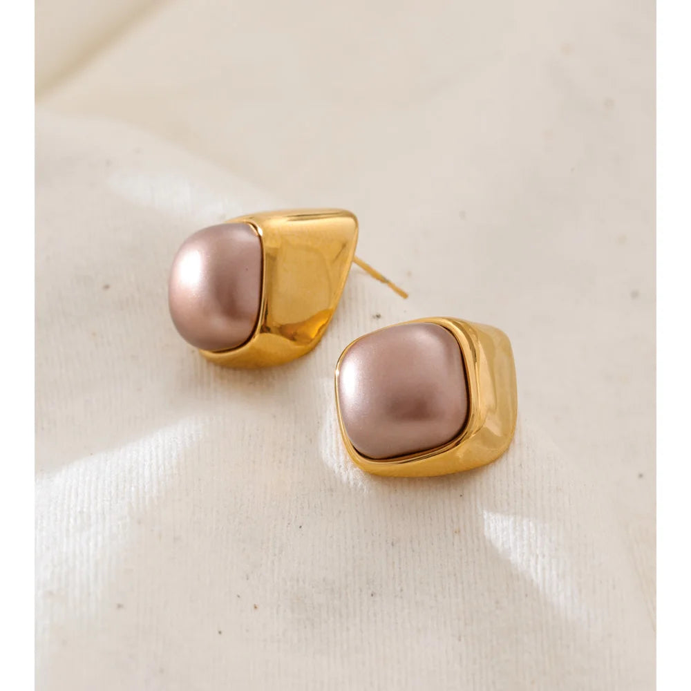 Elegant gold stainless steel stud earrings with purple pearl detail