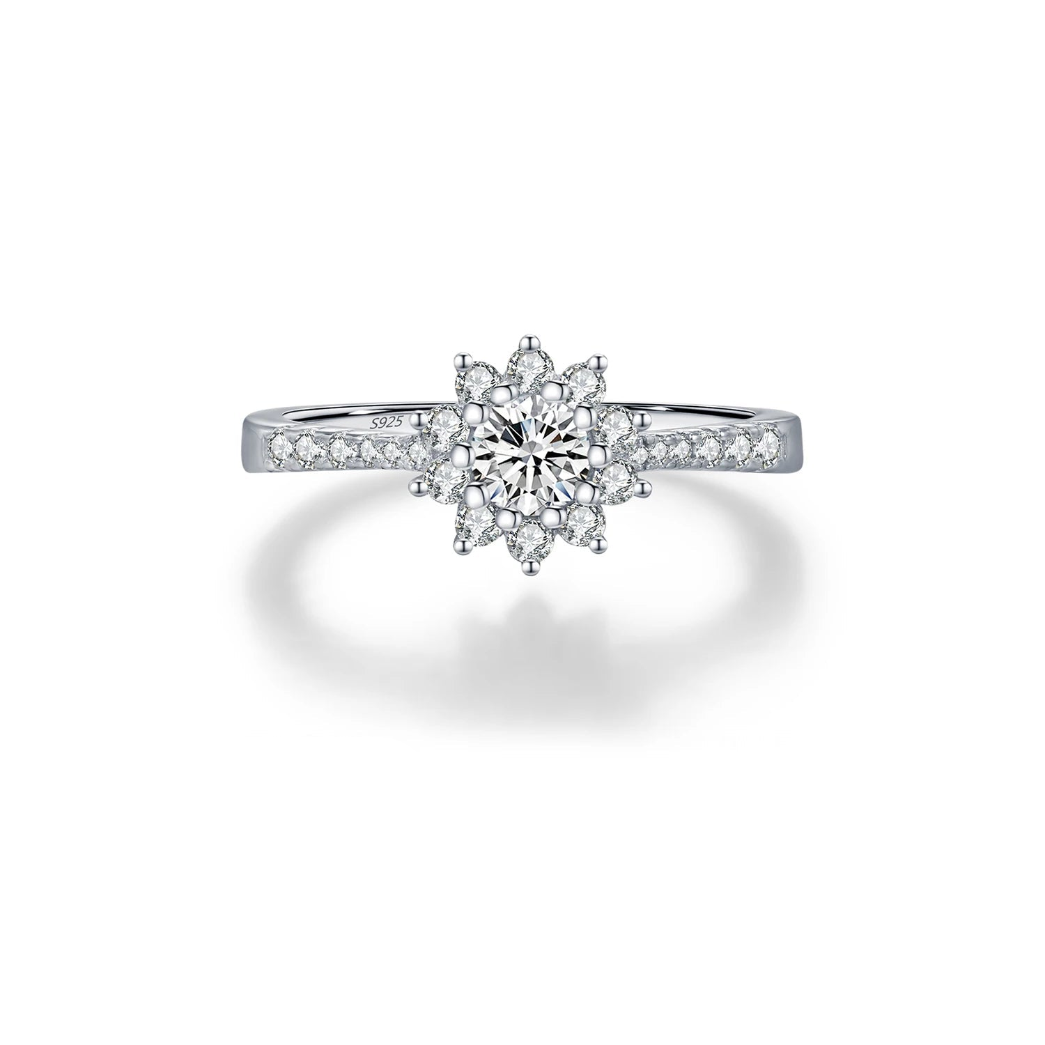 Emerald cut moissanite halo engagement ring in 925 sterling silver
