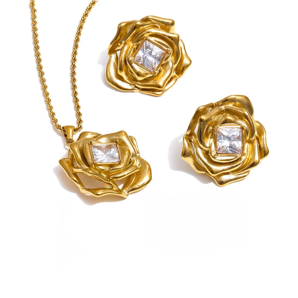 Gold plated necklace and earrings jewelry set with cubic zirconia
