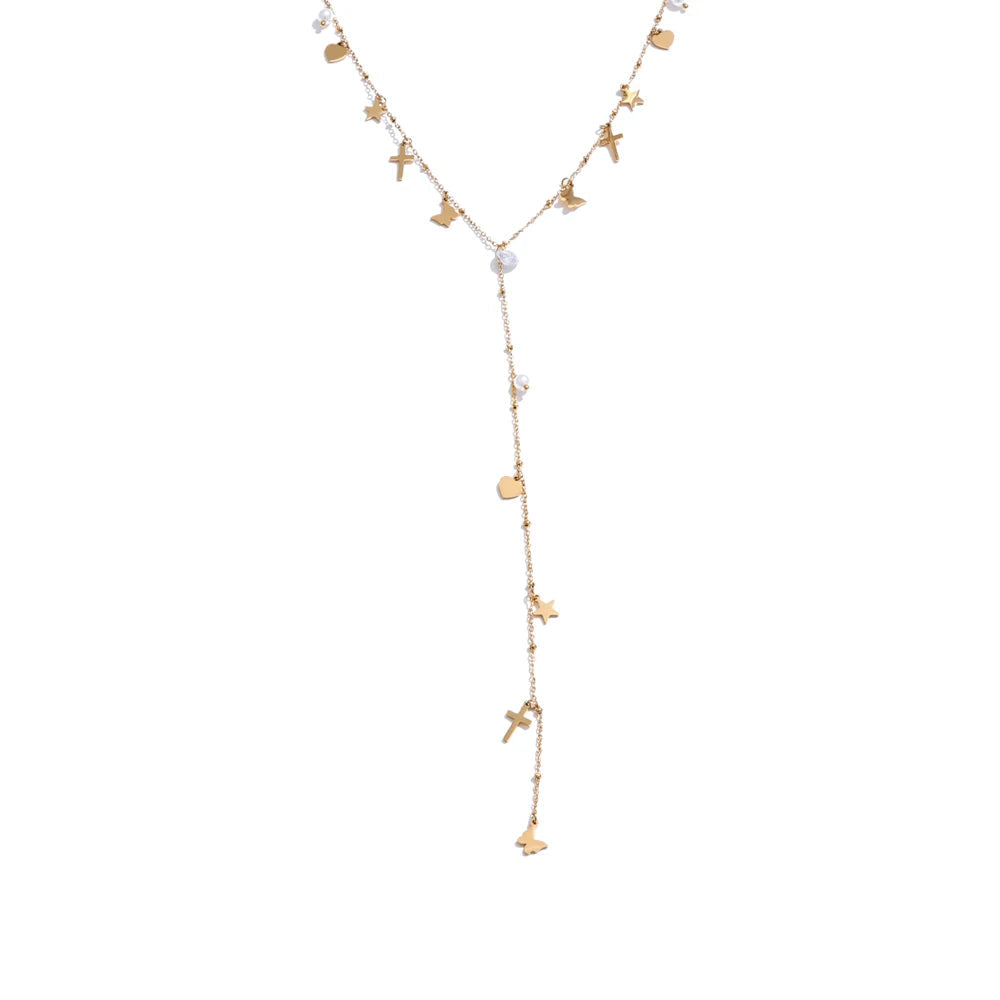 Butterfly zircon pearl drop Y chain necklace in gold plated stainless steel jewelry