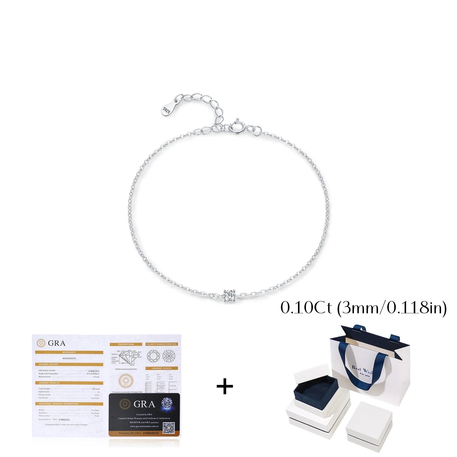 Silver bracelet with packaging and certification on a white background, 