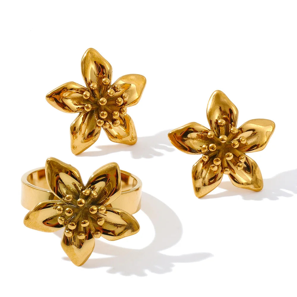 Clean studio shot of ear rings and gold ring with gold plated finish