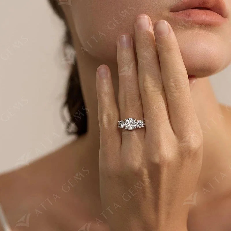 Close view of 4.0CT moissanite ring showing brilliant round cut sparkle