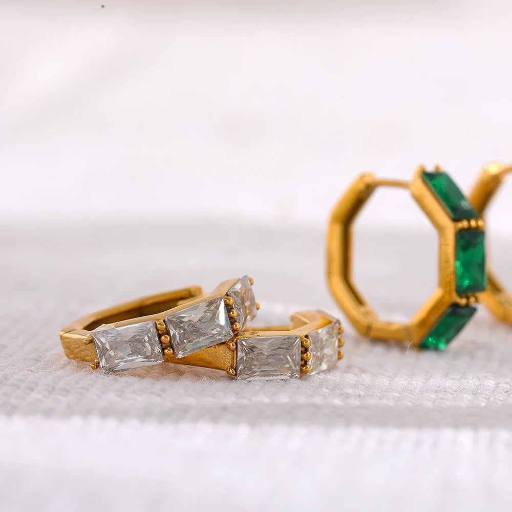 Chic White Green CZ Hoop Huggie Earrings