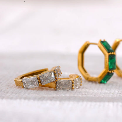 Chic White Green CZ Hoop Huggie Earrings