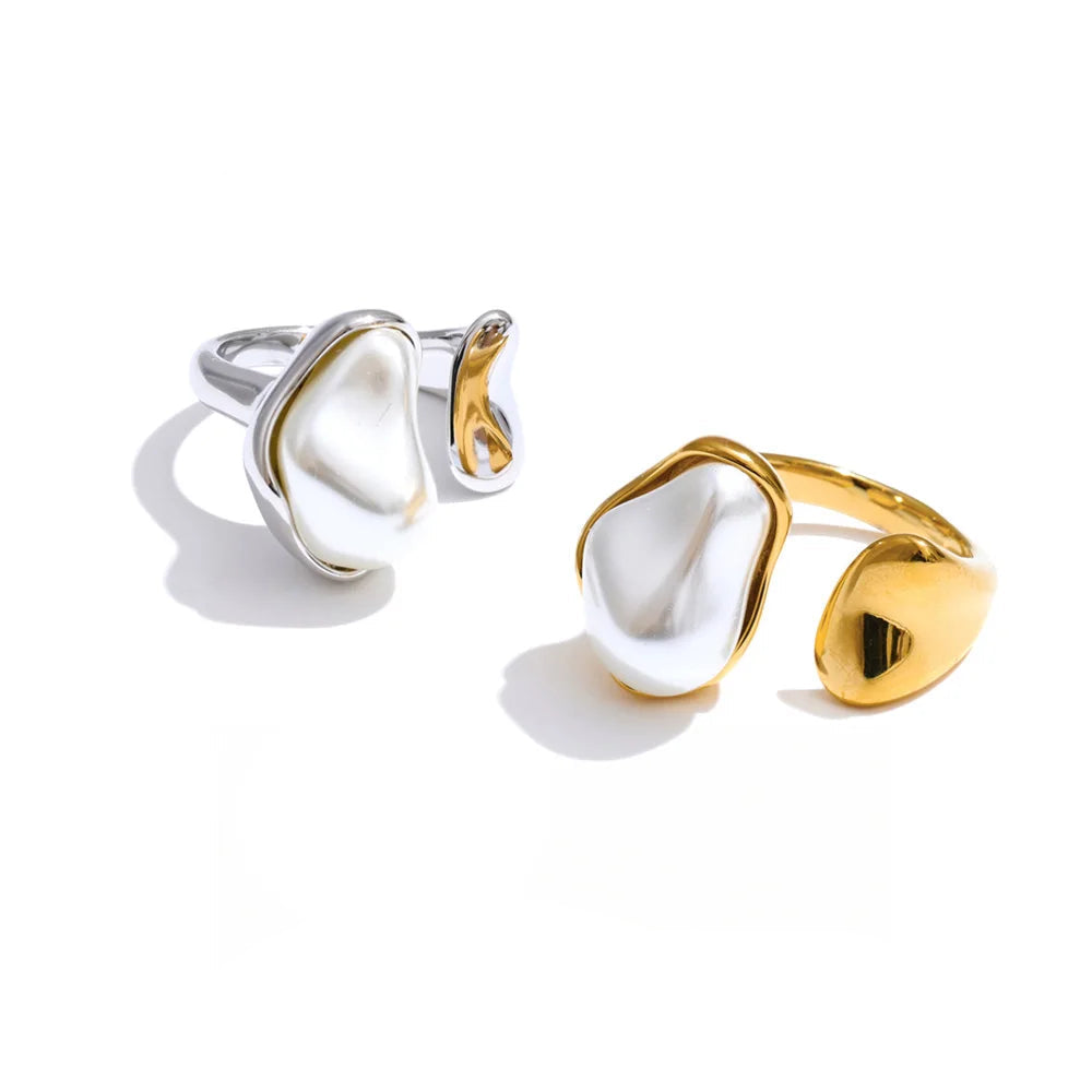 Gold plated baroque pearl adjustable ring in stainless steel