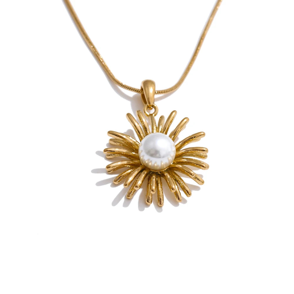 Flower pendant necklace with simulated pearls in gold plated stainless steel jewelry
