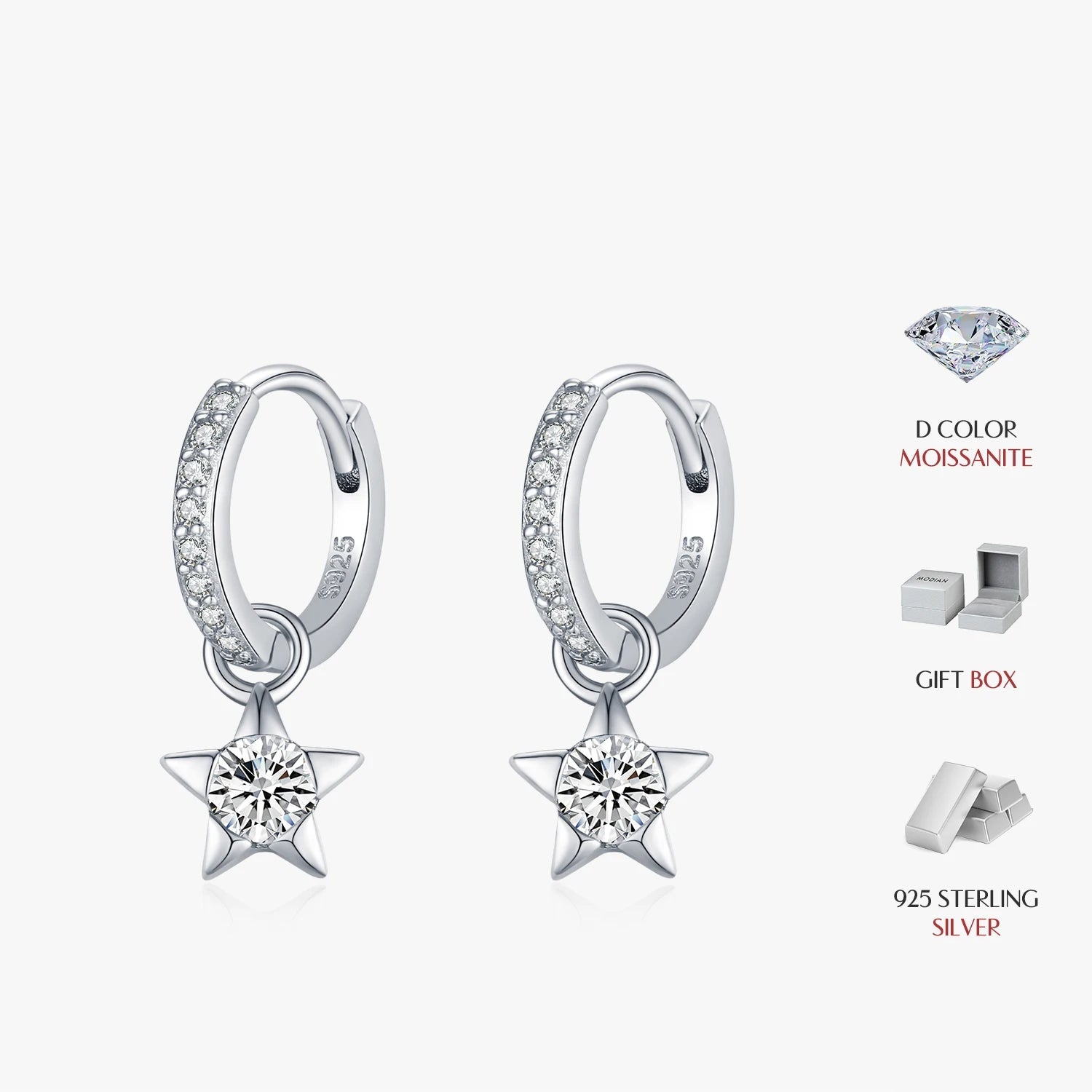 Close view of star earrings showing moissanite jewelry sparkle