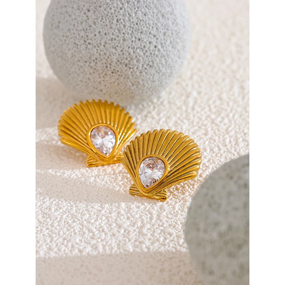 18K Gold Shell & Cubic Zirconia Stud Earrings