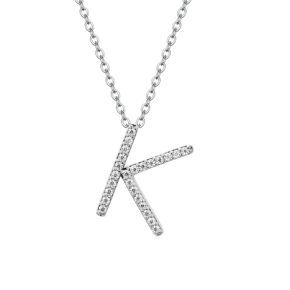 Sterling silver necklace letter K presented on a sterling silver chain