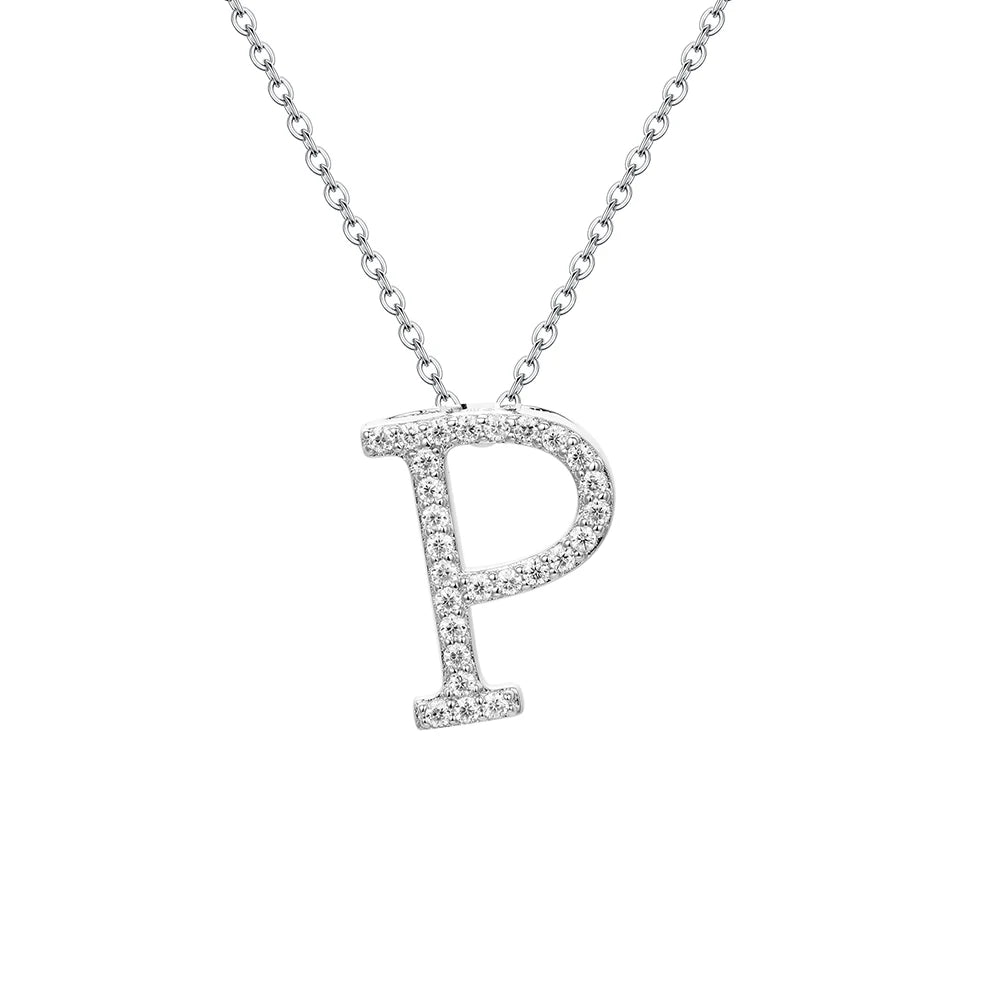 Sterling silver necklace letter P shown in a womens necklace silver scene