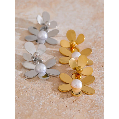 Glossy Metal Flower Drop Earrings with Pearls