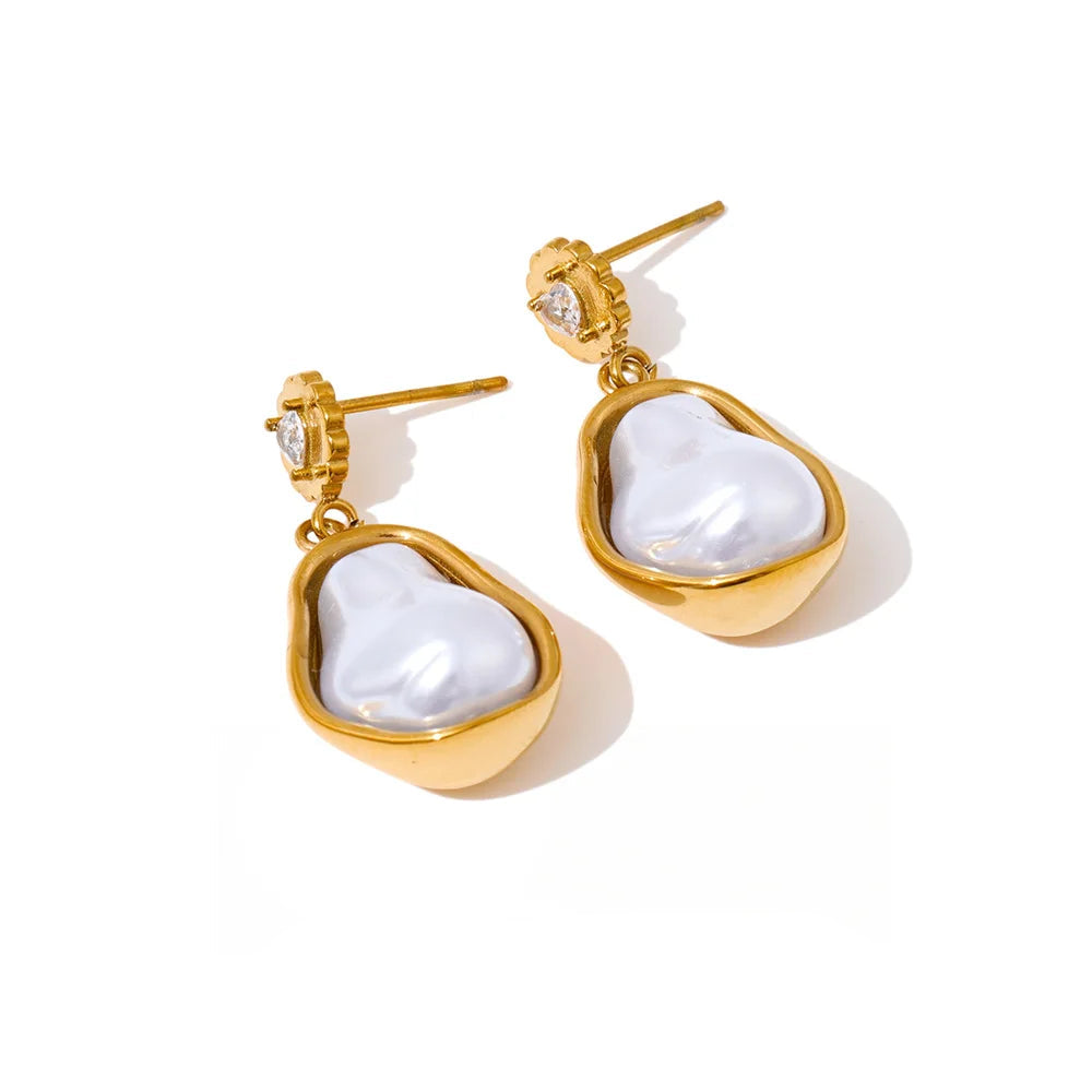 Gold plated baroque pearl drop earrings with zirconia accents