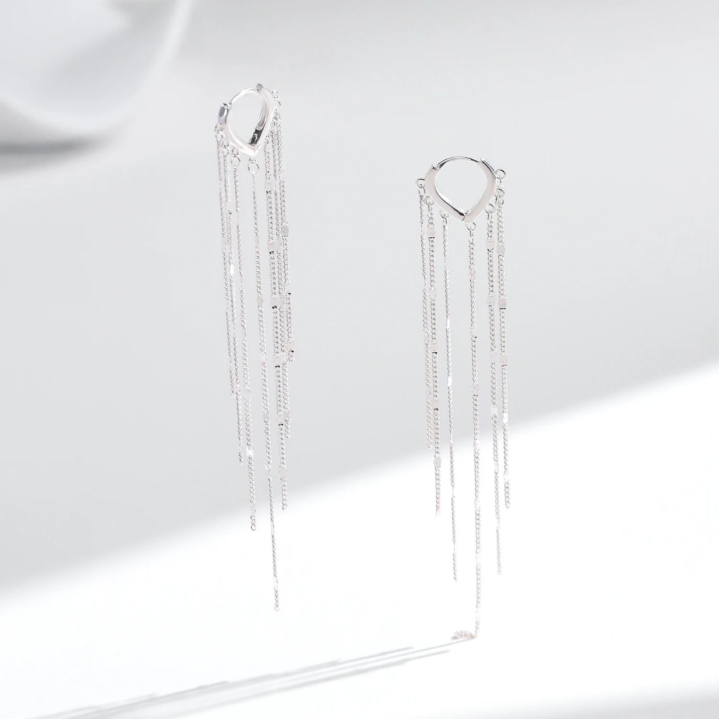 Sterling Silver Long Tassel Hoop Earrings