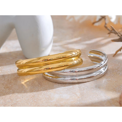 Double Layer Round Open Bangle in Gold