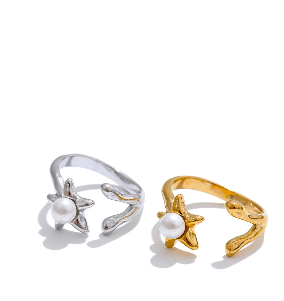 gold plated ring adjustable band flower motif simulated pearl stainless steel