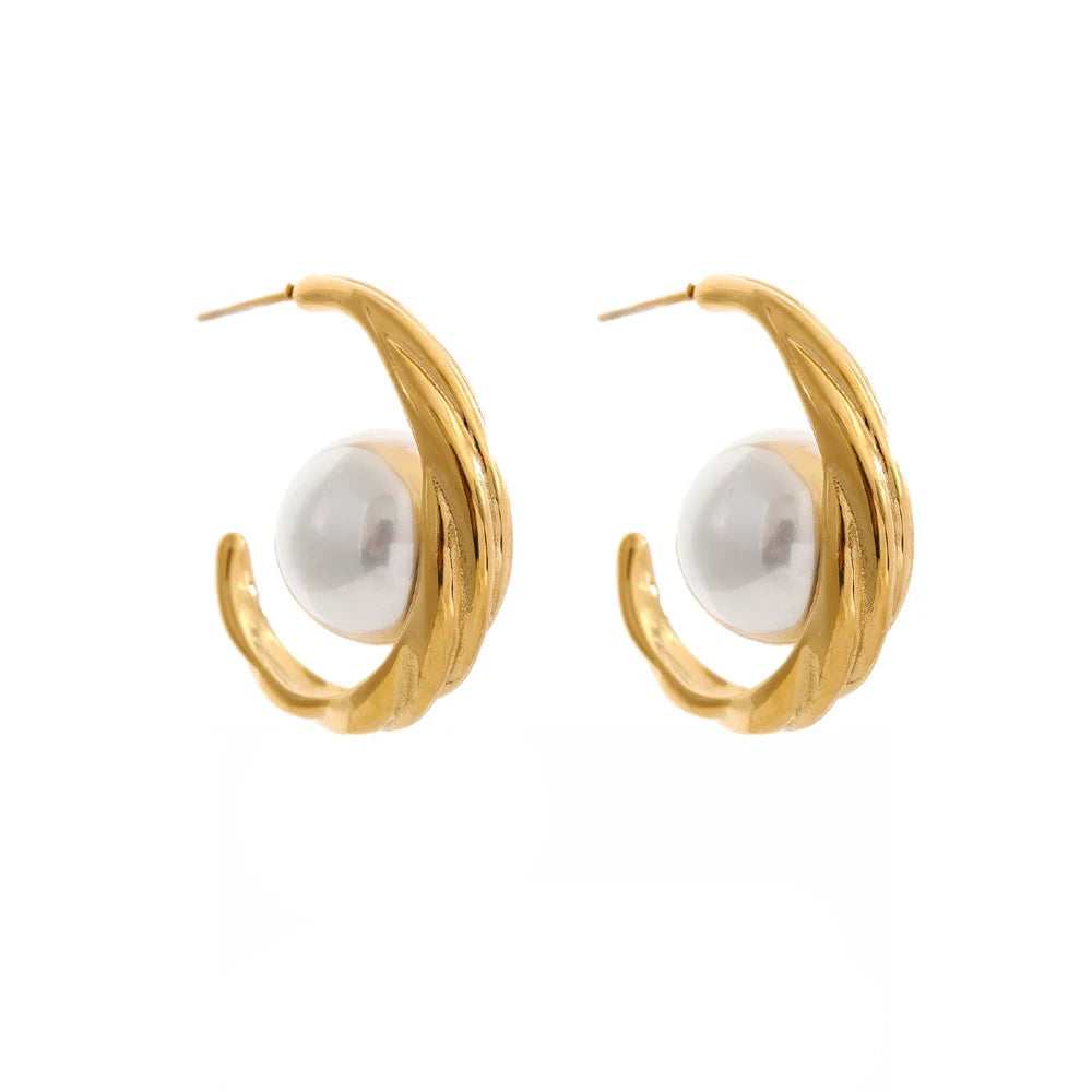 Gold plated stainless steel huggie earrings with imitation pearl detail