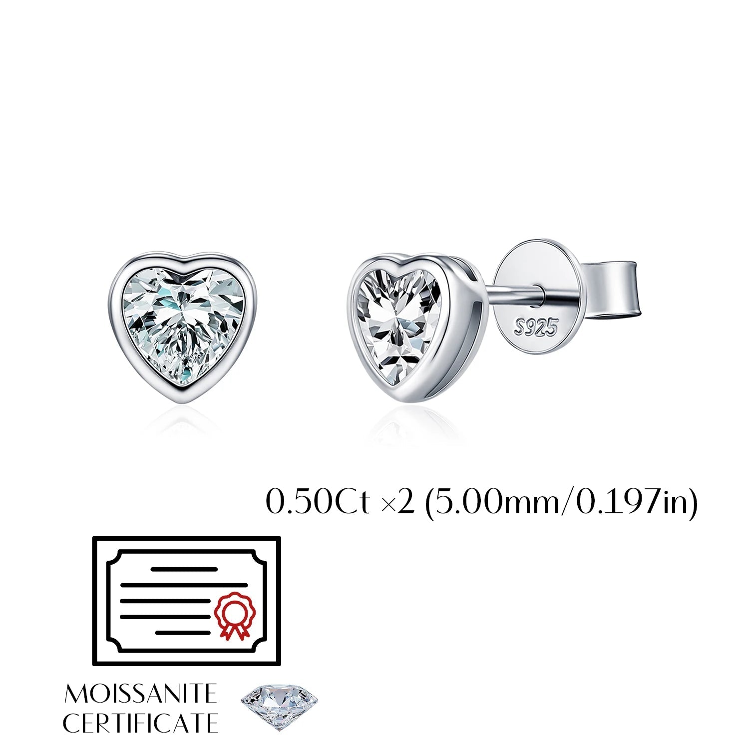 Classic sterling silver earrings with heart moissanite gemstone