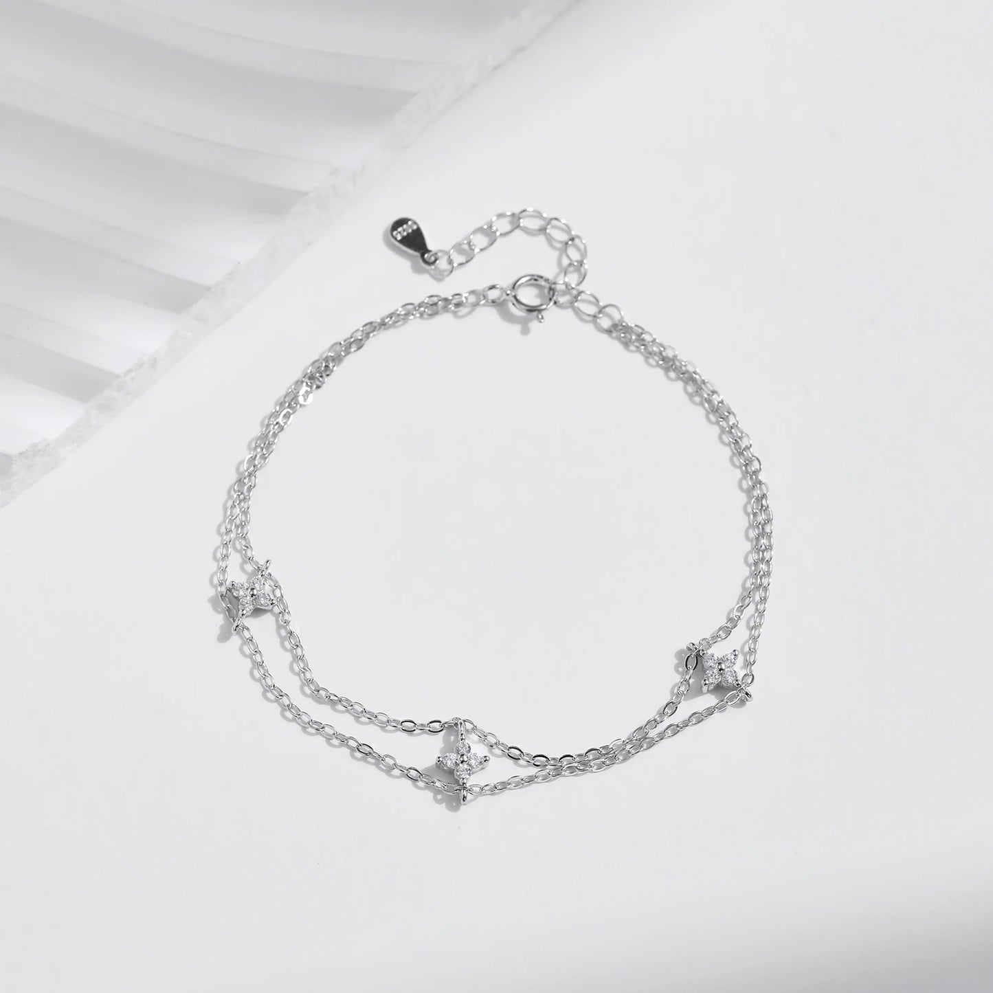 Sterling Silver Double-Layer Four Leaf Clover Bracelet