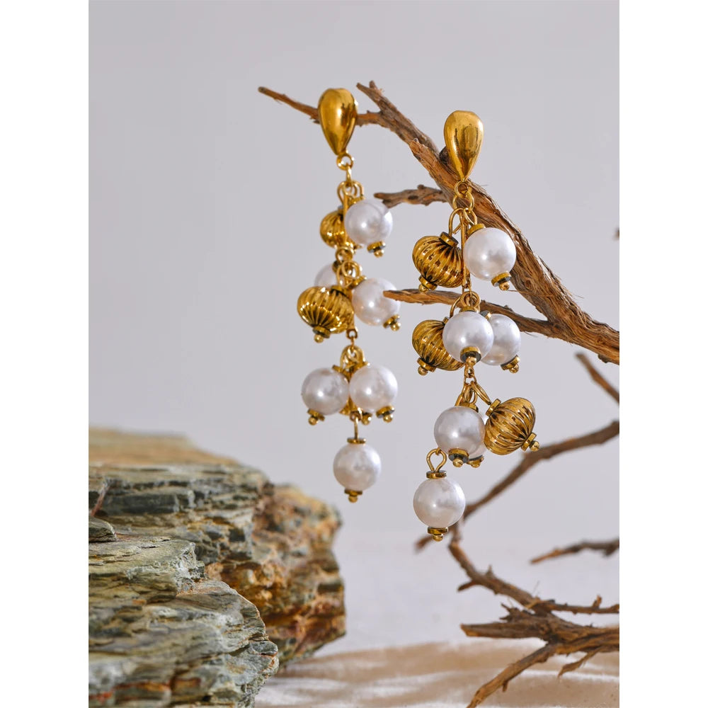 Vintage Pearl Bead Drop Earrings in Gold