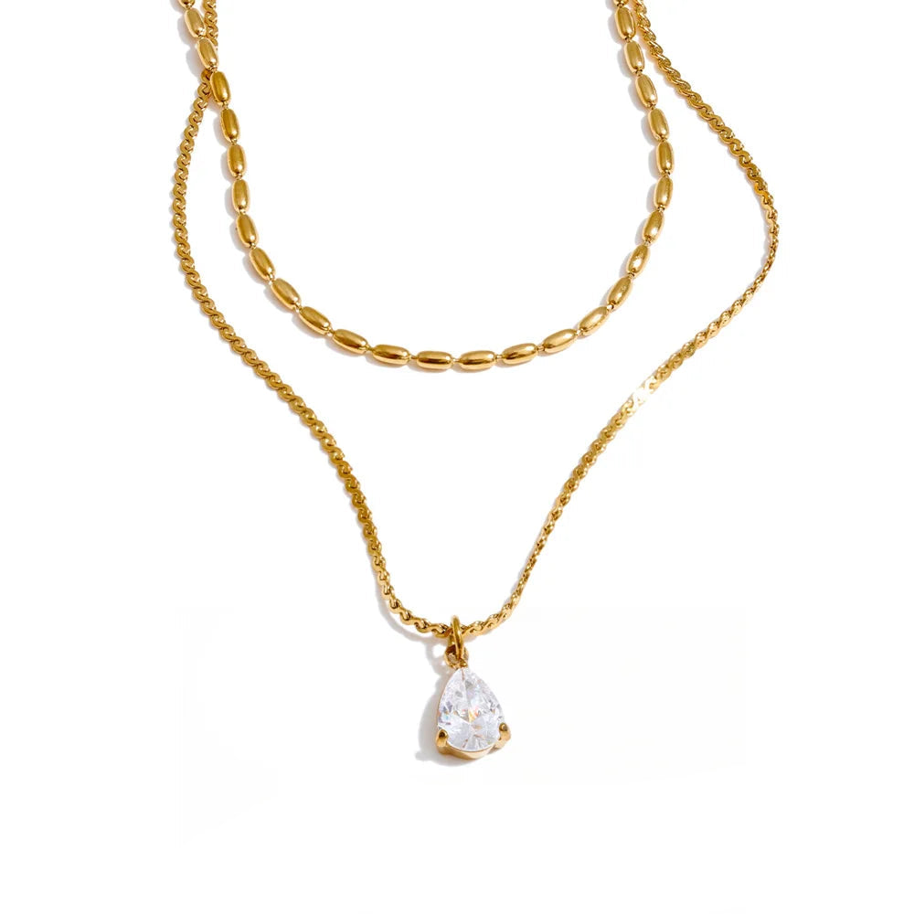 Double layer water drop pendant necklace with gold plated shine