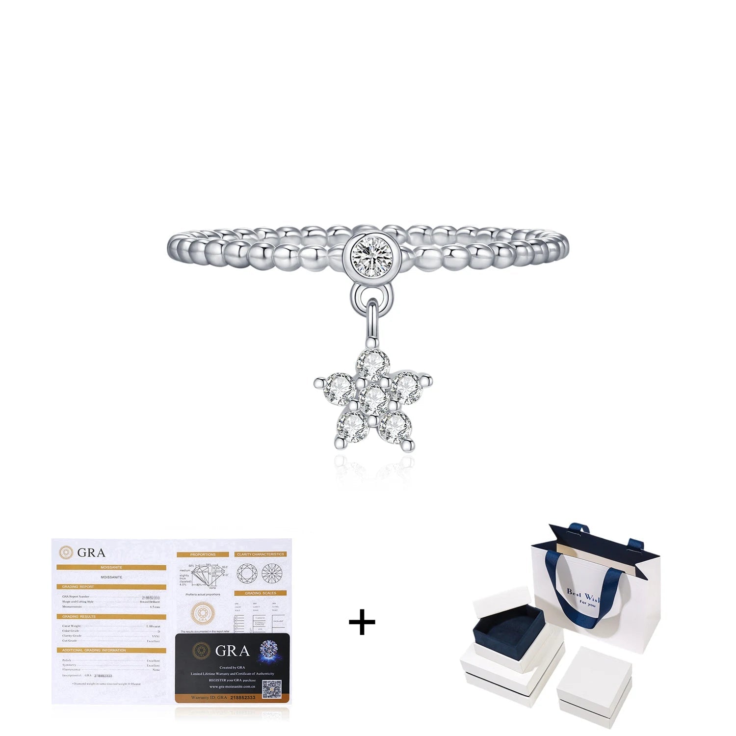 Ring with D color moissanite and shiny stars in silver