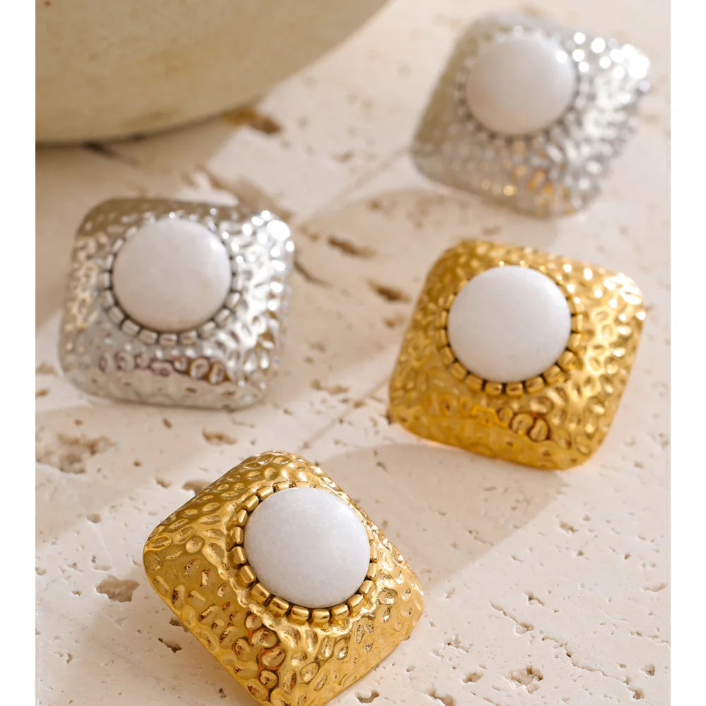 Square stud stud earrings with bold metal texture and gold tone