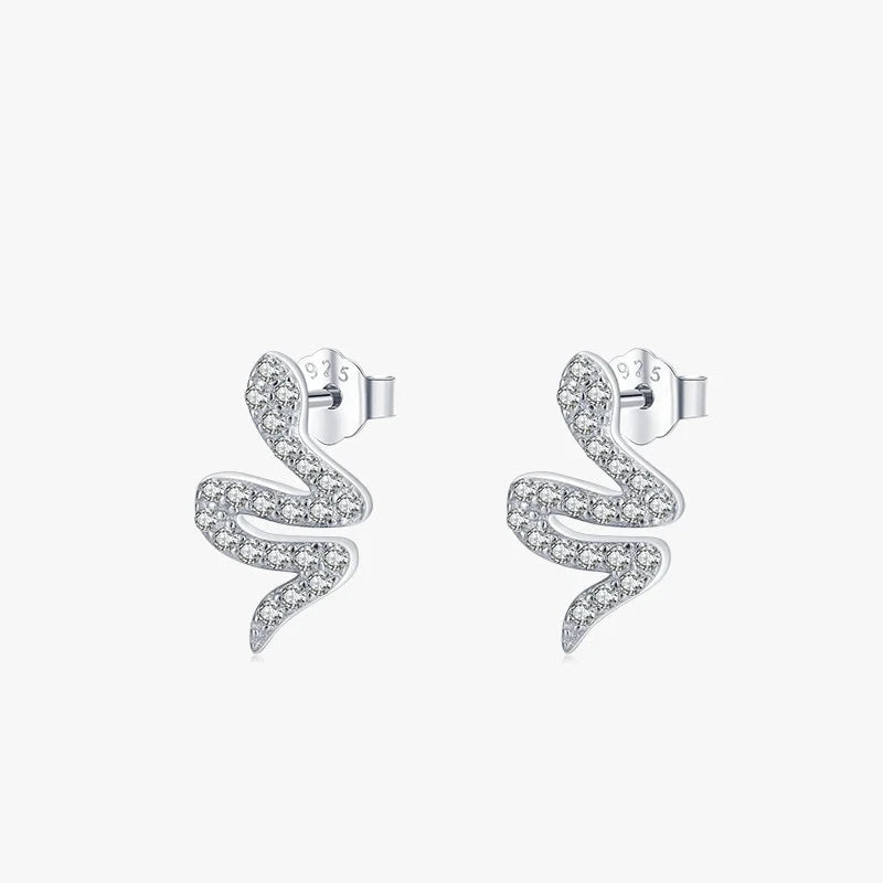 Snake cz stud earrings in silver color with cubic zirconia shine