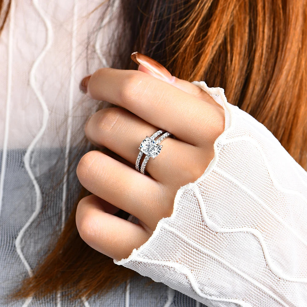 Sterling silver rings pairing with a rose gold moissanite ring