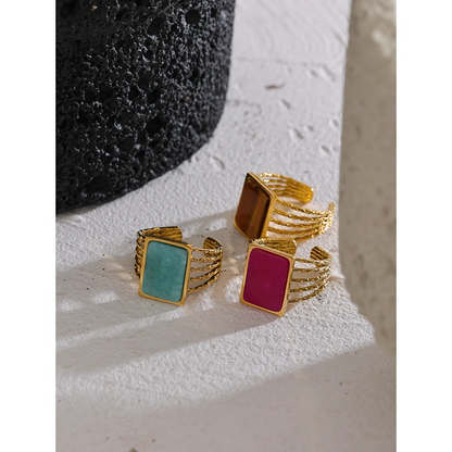 Amazonite Tiger Square Natural Stone Open Ring