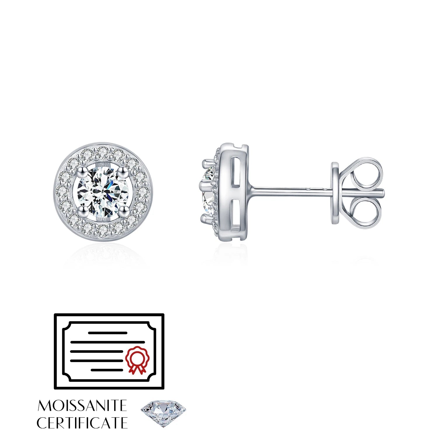 Shining ear rings with polished silver and halo set moissanite