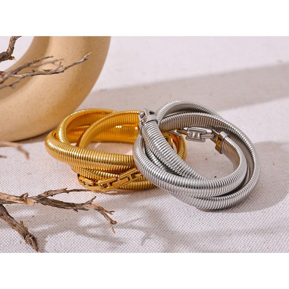 Waterproof 18K Gold-Plated Thick Layered Elastic Bracelet Bangle