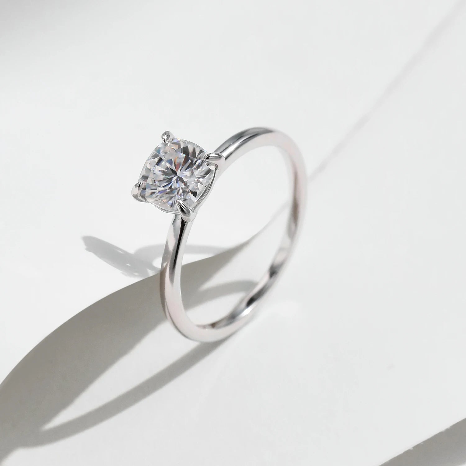 Elegant cushion cut diamond look on a moissanite jewelry ring