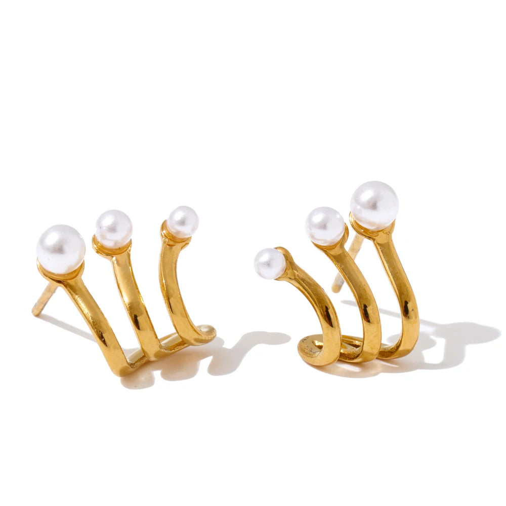 Gold plated geometric earrings with imitation pearl accents