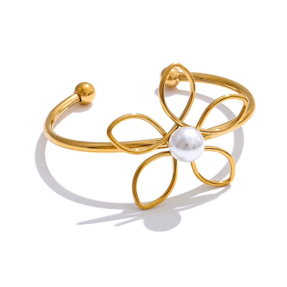 Pearl flower hollow cuff bracelet in stainless steel jewelry with gold plated shine