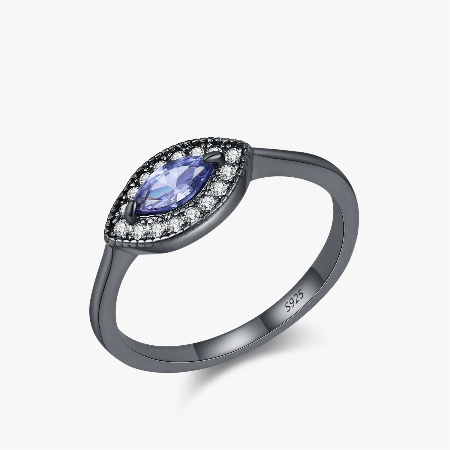 Vintage eye sparkle ring tanzanite-color stones black band sterling silver