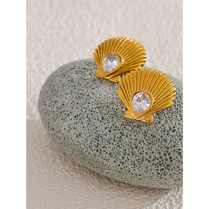 18K Gold Shell & Cubic Zirconia Stud Earrings