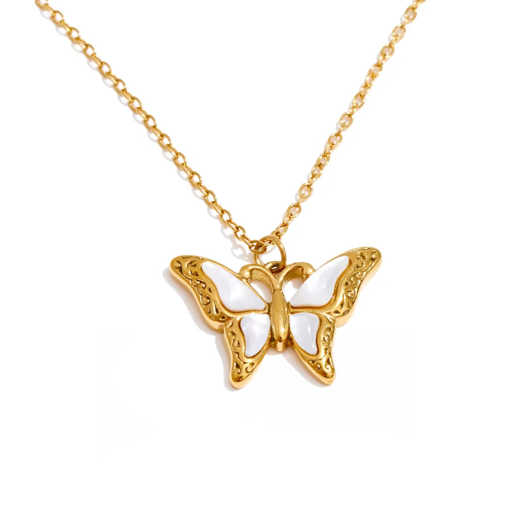 Shell butterfly pendant necklace with polished gold plated shine