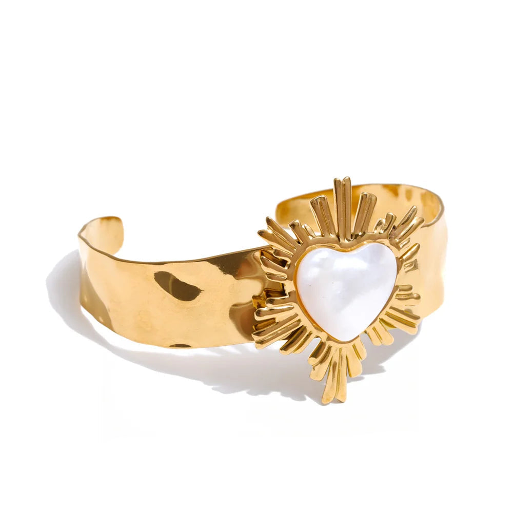 Shell heart love open bracelet bangle in stainless steel jewelry with golden jewelry glow