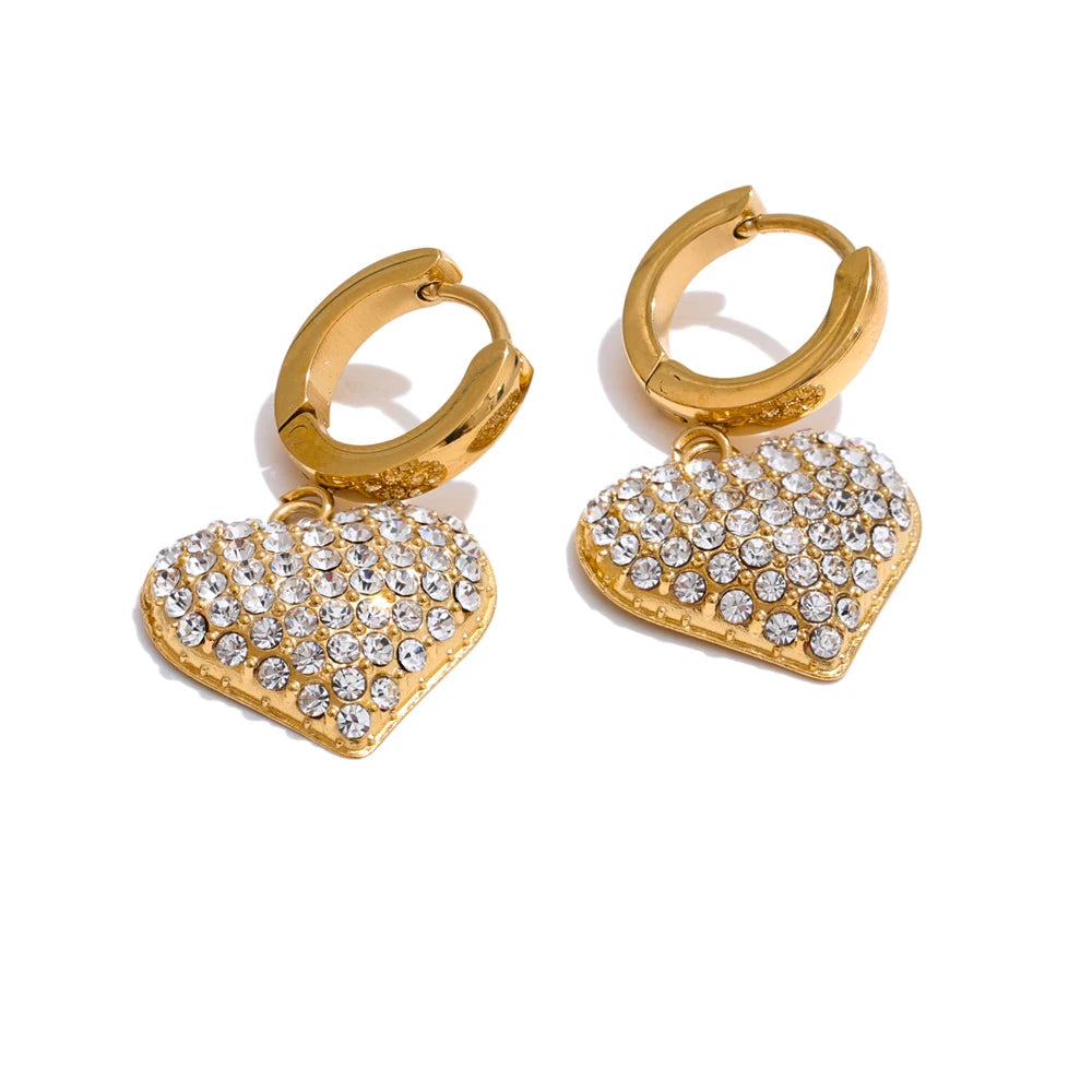 Cubic zirconia heart drop earrings with gold plated finish and delicate hoops