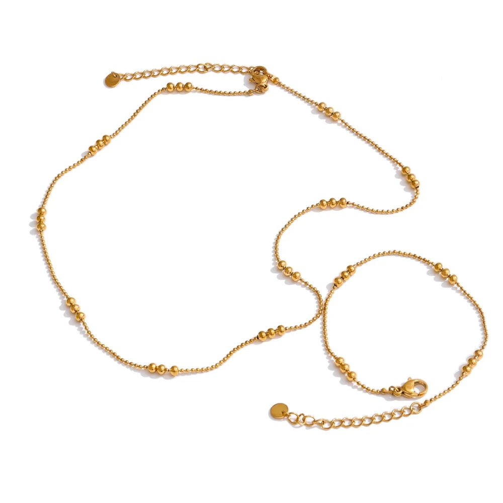 18K Gold Beads Chain Necklace & Bracelet Set