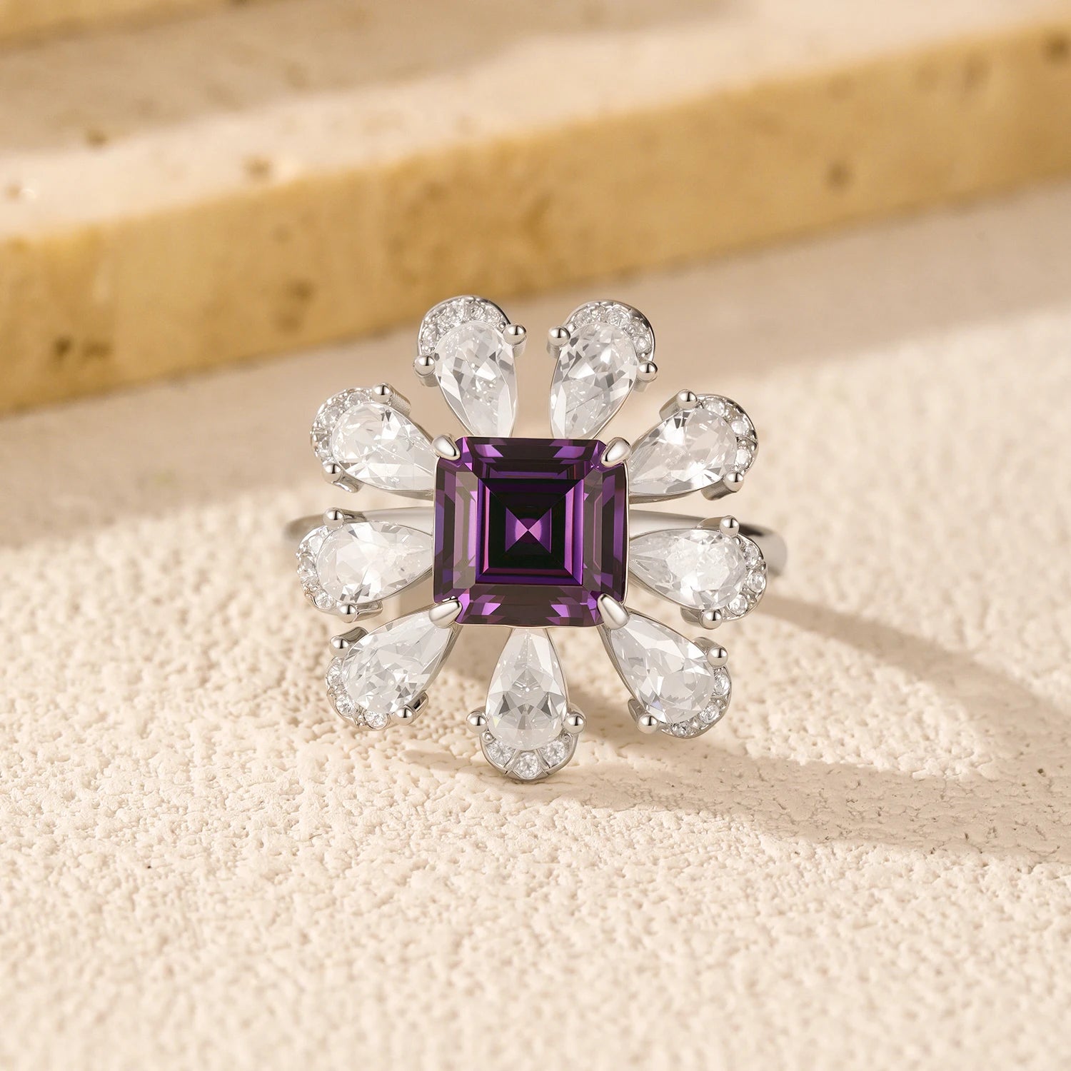 Sterling silver ring violet flower Asscher shape design