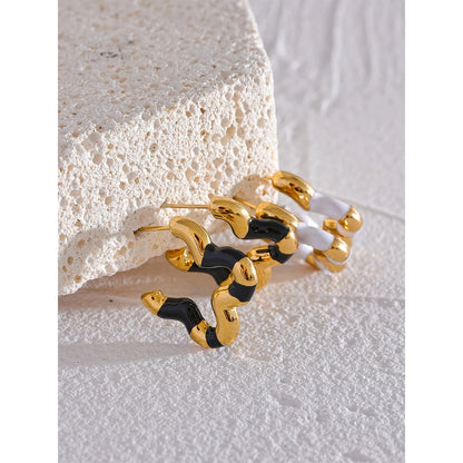 Black White Enamel Geometric Flower Huggie Earrings